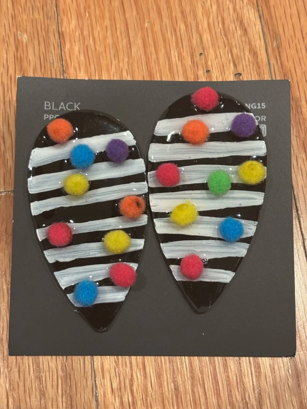 NEW! HANDMADE Black White Striped Earrings with Multicolor Pom Poms